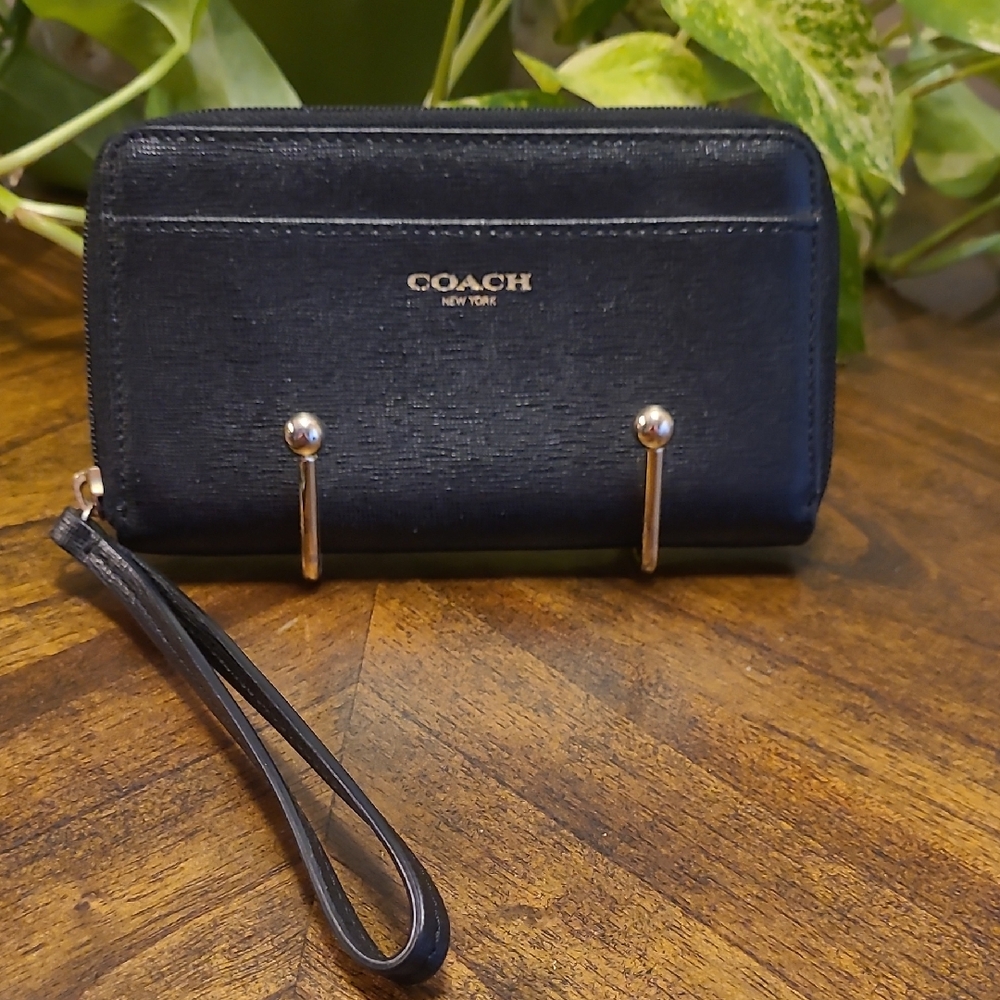 Coach Midnight Black Wristlet with Gold Accents